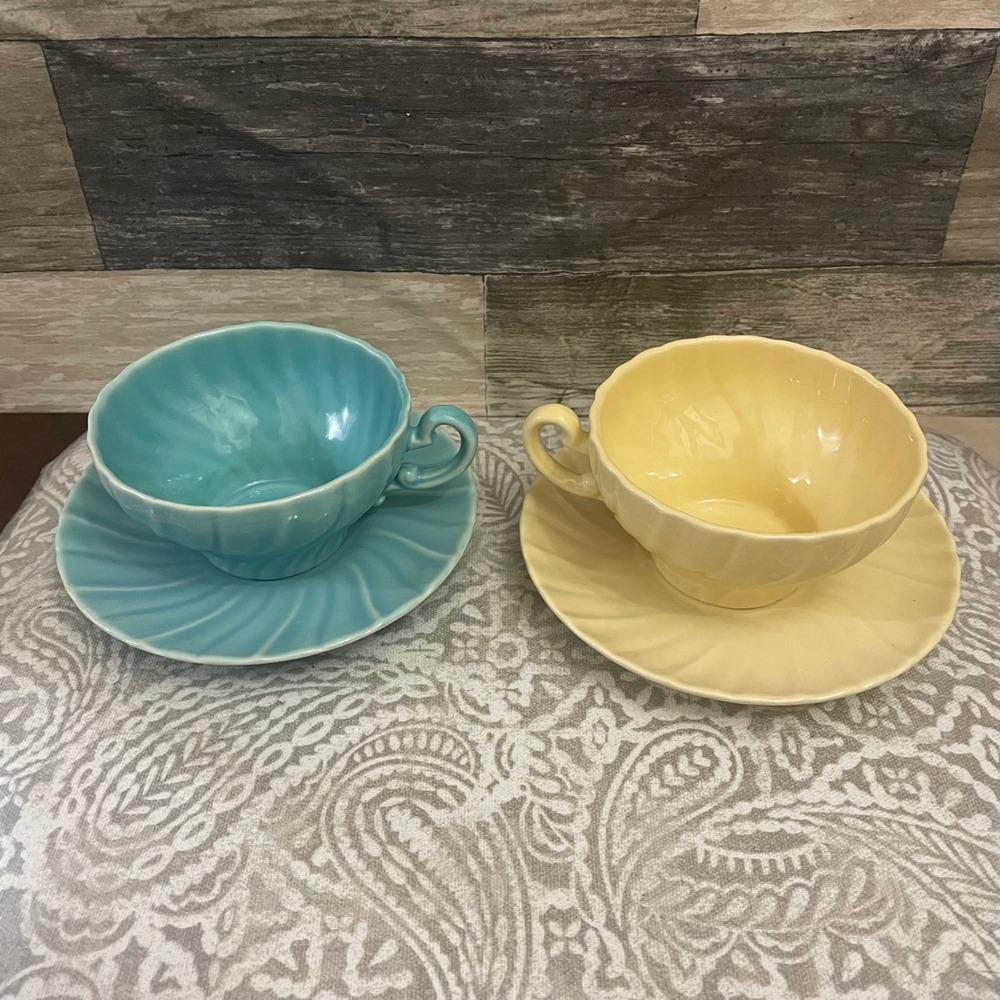 Franciscan Coronado Swirl Teacup and Saucer Set Blue Yellow Vintage USA Pottery